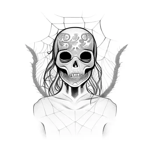 A Realistic Image Of A Girl With A Skull Face Surrounded By Spider Webs