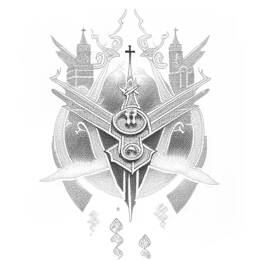 An Intricate Dotwork Design Of A Church Surrounded By Dark Clouds And Lightning Bolts