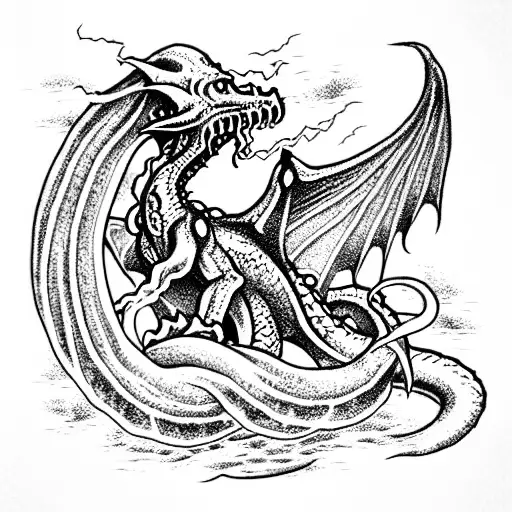 Cthulhu Dragon In A Stormy Night Sea Scene