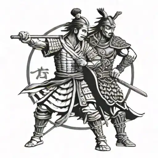 Samurai And Spartan Warrior Standing Back To Back With Cool Symbols Surrounding Them