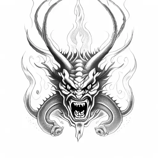 Red Devil Faced Demon Of Fire With Along Dragon Body