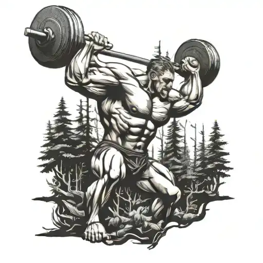 A Surreal Scene Of A Bodybuilder Lifting Weights In A Dark And Mysterious Forest
