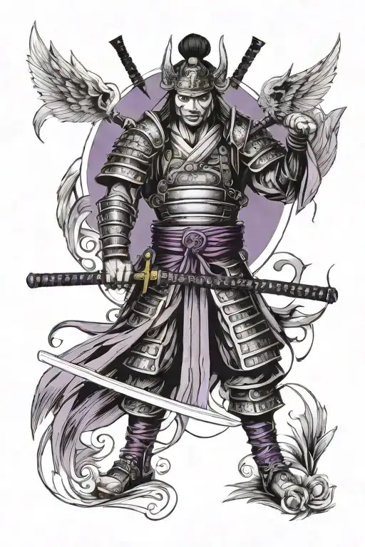 Samurai Front View With Outstretched Angel Wings With A Katana And Purple Eyes Full Body Black