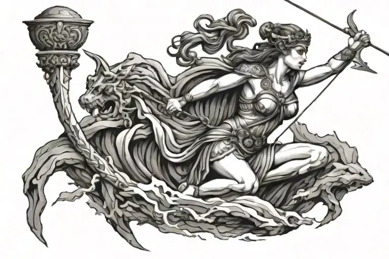 Athena Greek Goddess Holding Bow And Arrow On A Rock In The Middle Of The Sea Fighting A Monster