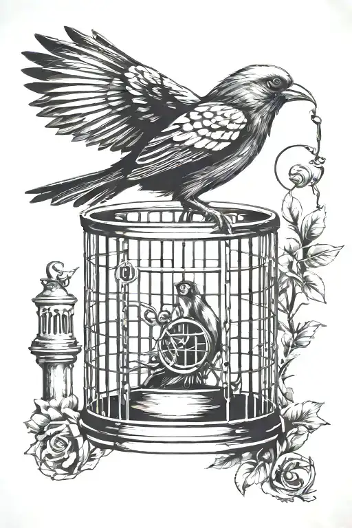Bird With A Key In Its Paws And A Cage In The Background