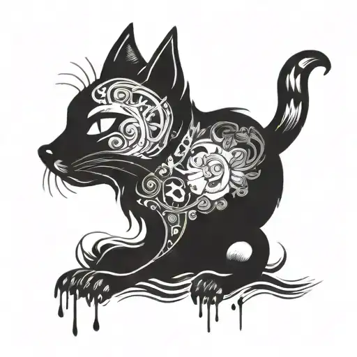 A Tattoo Design Of A Magical Cat Familiar Surrounded By Mystical Elements From Fantasy Films