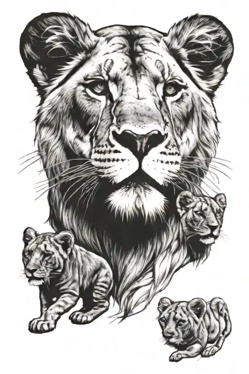 A Lioness With Two Lion Cubs