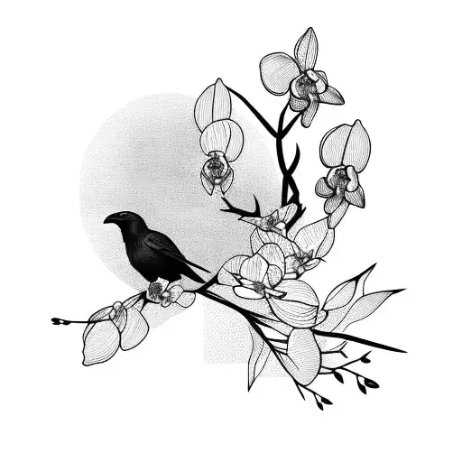 Crow Surrounded By Orchid Branches
