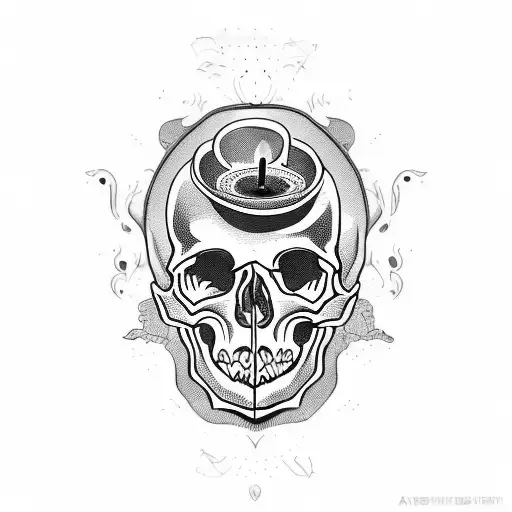 Skull Inside A Broken Lamp With A Candle