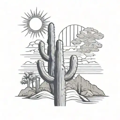 Saguaro Cactus Tattoo With Mountains And Sun