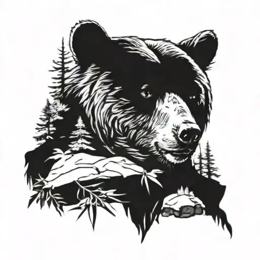 The Face Of A Bear In The Forest On A Rock