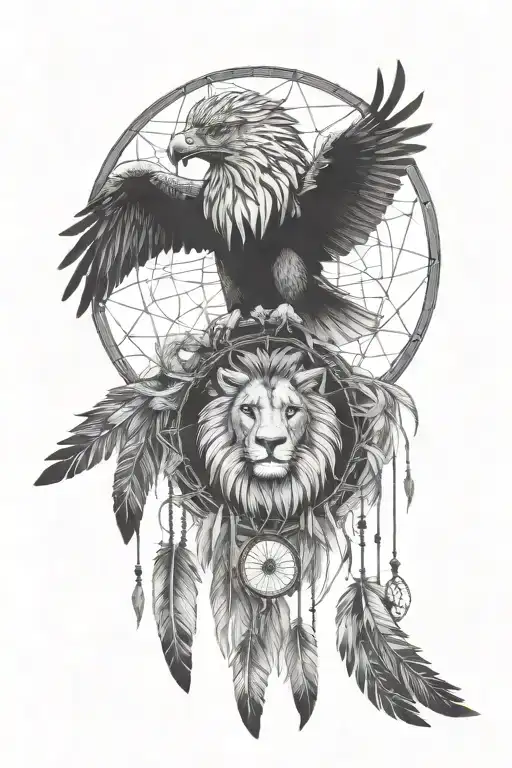 Lion Eagle Dreamcatcher Realistic Geometric Design Incorporating