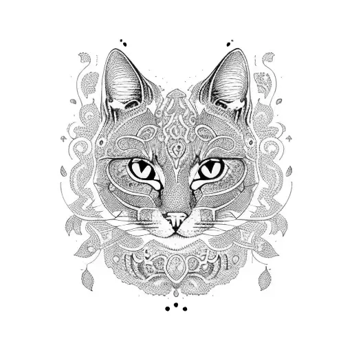A Whimsical Blackwork Tattoo Of A Cat Surrounded By Intricate Doodles And Patterns
