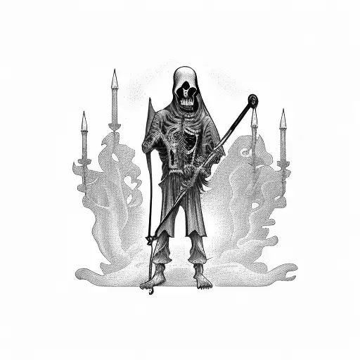 Grim Reaper With Grave And Time Clock