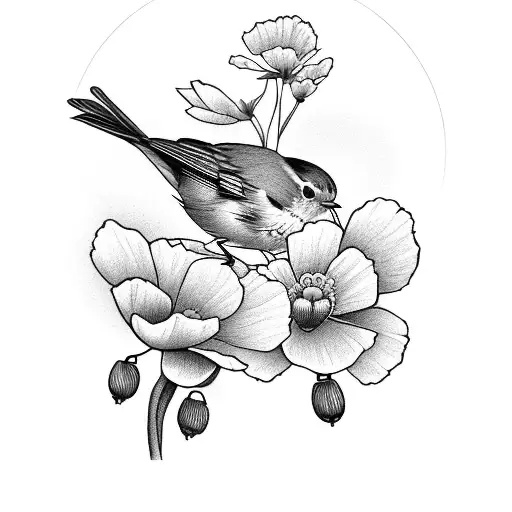 A Robin With A California Poppy Flower And Colorado Colombine Flower