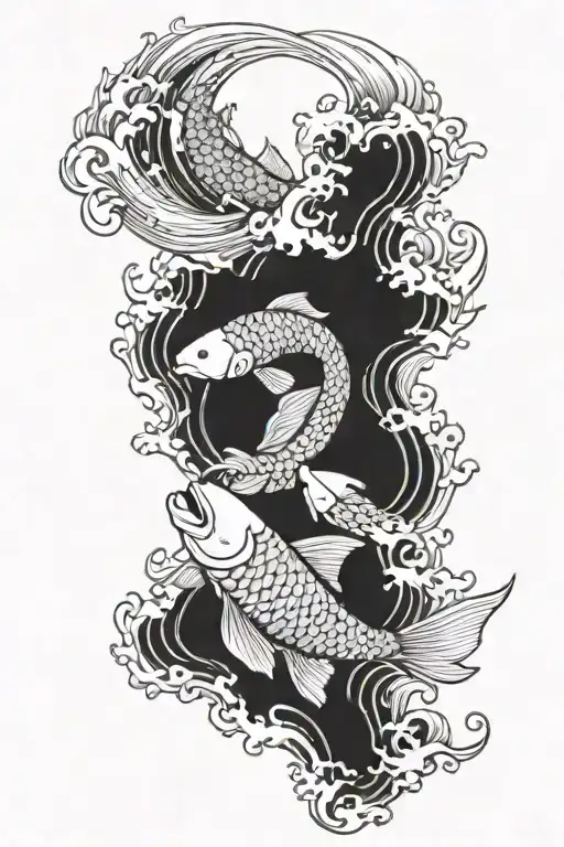 Japanese Style Waves With Coy Fish Passing