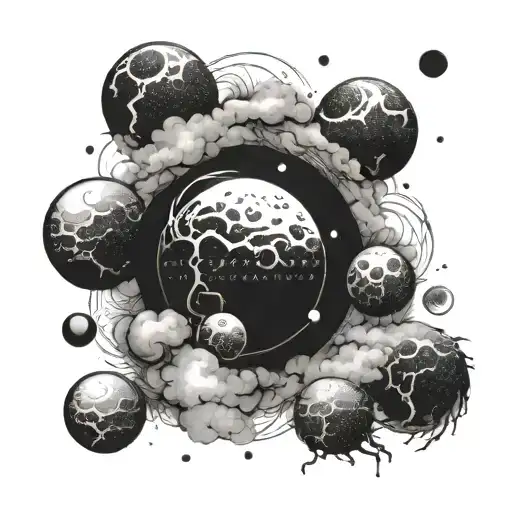 Planet Surrounded By Loose Fog And Five Small Moons