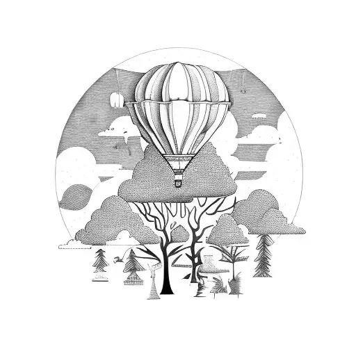 A Surreal Landscape With A Hot Air Balloon Floating Above A Psychedelic Forest