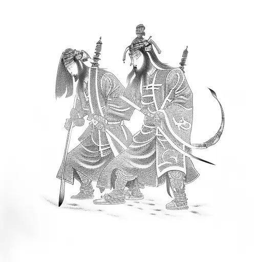 Tattoo On Right Male Arm With Japanese Warrior With Long Hair And Pagoda