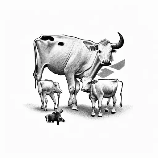 Mother And Baby Cow By Hay Bail