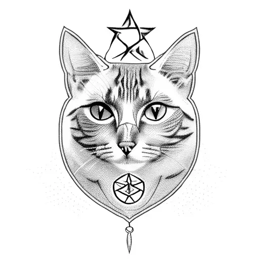 A Blackwork Tattoo Of A Cat With A Pentagram Collar Surrounded By Witchcraft Symbols