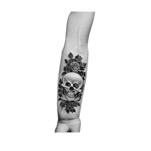Praying Hands With Roses And Skull