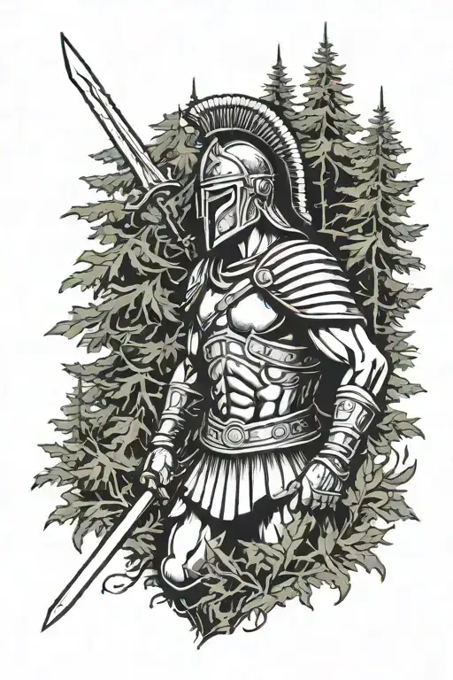 Spartan Warrior Surrounded By Evergreen Trees