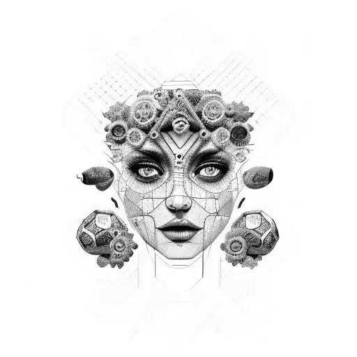 An Intricate Blackwork Design Of A Woman's Face Made Up Of Interconnected Car Parts And Dice