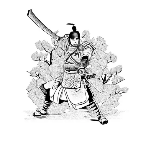 A Fierce Samurai Warrior Surrounded By Cherry Blossom Trees