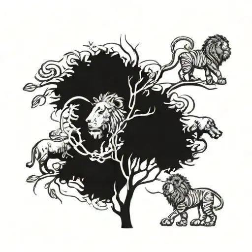 Acacia Tree With 5 Lions In And Around