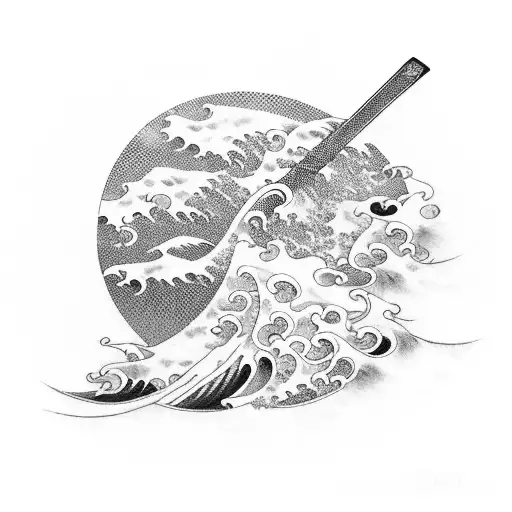 Japanese Classic Waves Background With Katana And Pawn