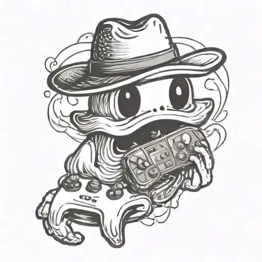 Small Simple Cute Ghost Holding A Game Controller Wearing A Cowboy Hat