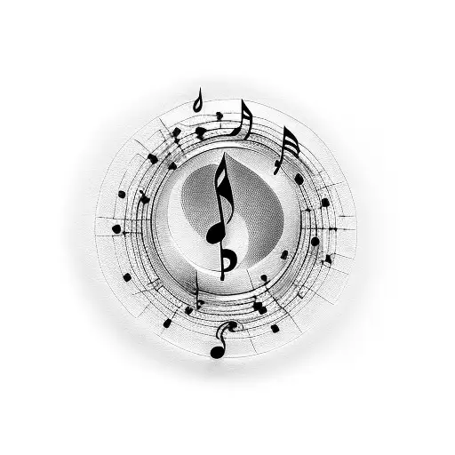 A Blackwork Tattoo Of A Magnet With Music Notes Swirling Around It