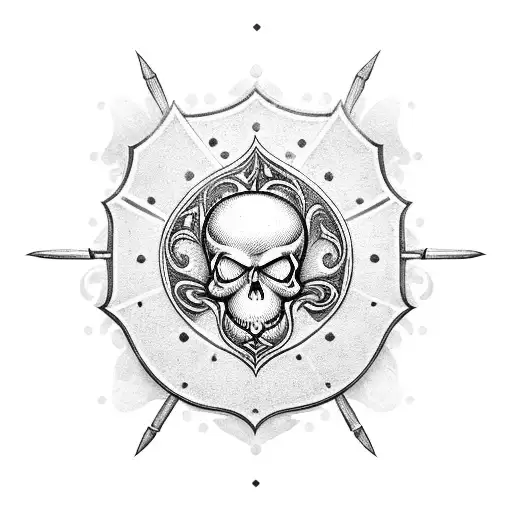 A Traditional-style Tattoo Of A Sword And Shield Crossed With A Skull In The Center
