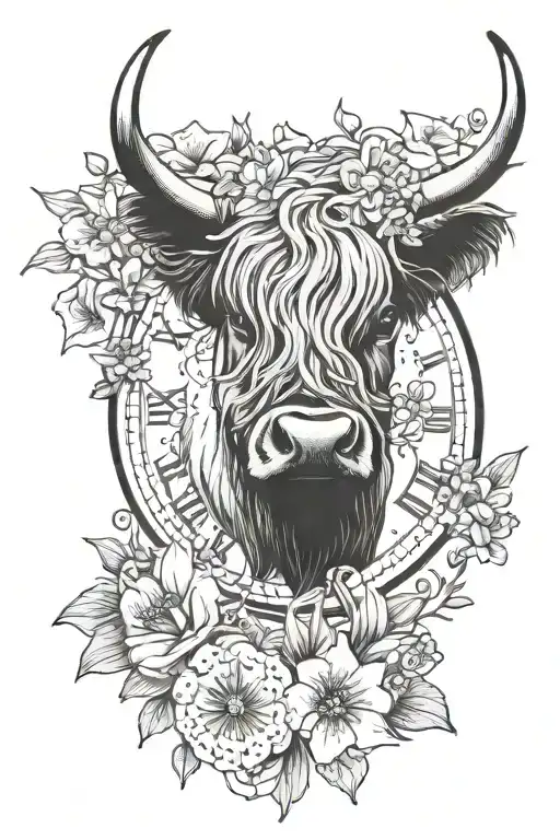 Stop Watch With Name Written Underneath With Lily Flowers Forget Me Nots And A Highland Cow