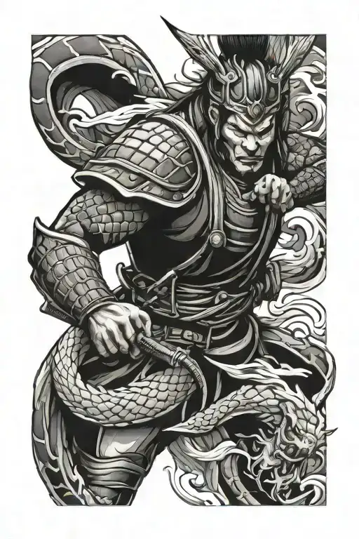Arm Sleeve Tattoo Featuring A Samurai Warrior And A Dragon