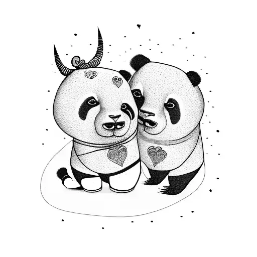 Quirky Panda Bear And Bull In Love