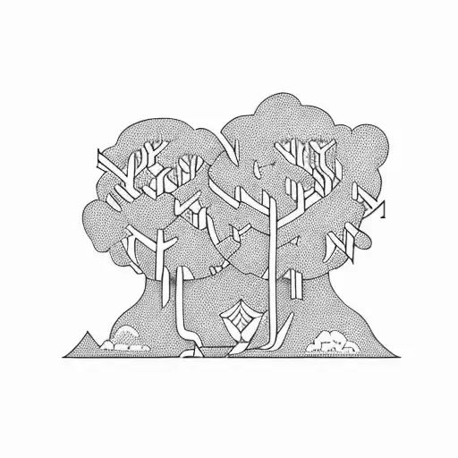 Two Trees With Five Hammocks Hanging And A Hut In The Background