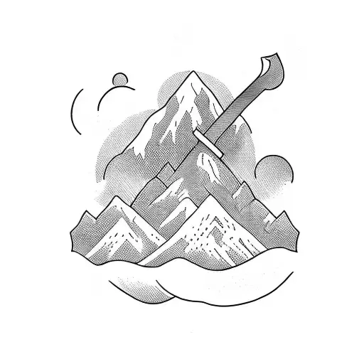 A Minimalist Tattoo Of An Ancient Necromancer Holding A Sword In Front Of A Mountain Range