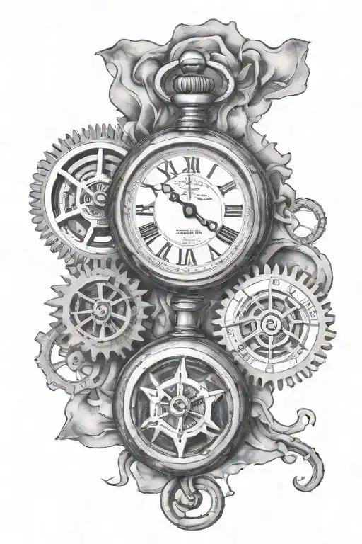 Pocket Watch Showing Gears With Compass With Map Behind And Date In Roman Numerals Forearm