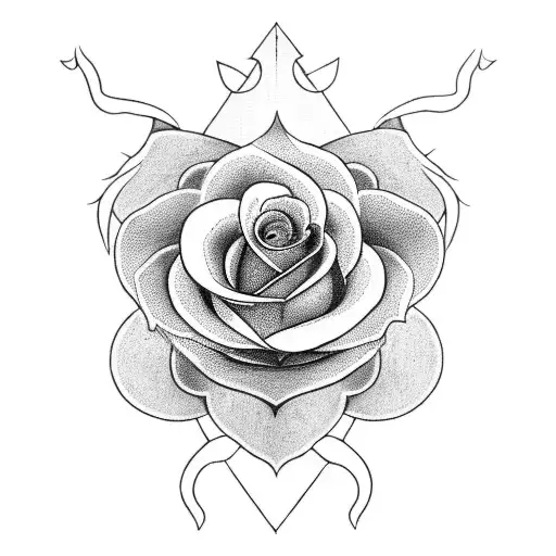 A Blackwork Tattoo Of A Rose Intertwined With Elvish Symbols