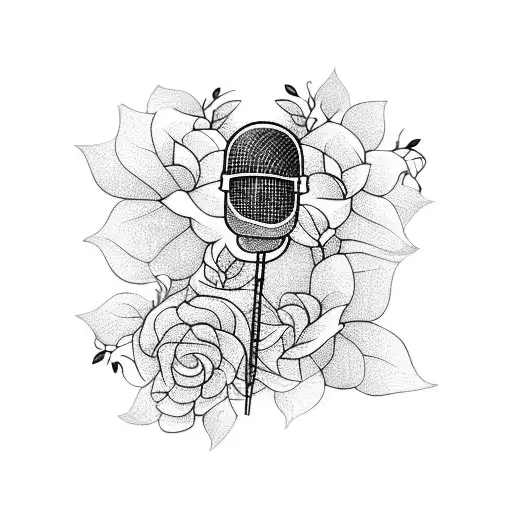 A Blackwork Tattoo Of A Microphone Intertwined With A Vine Of Flowers