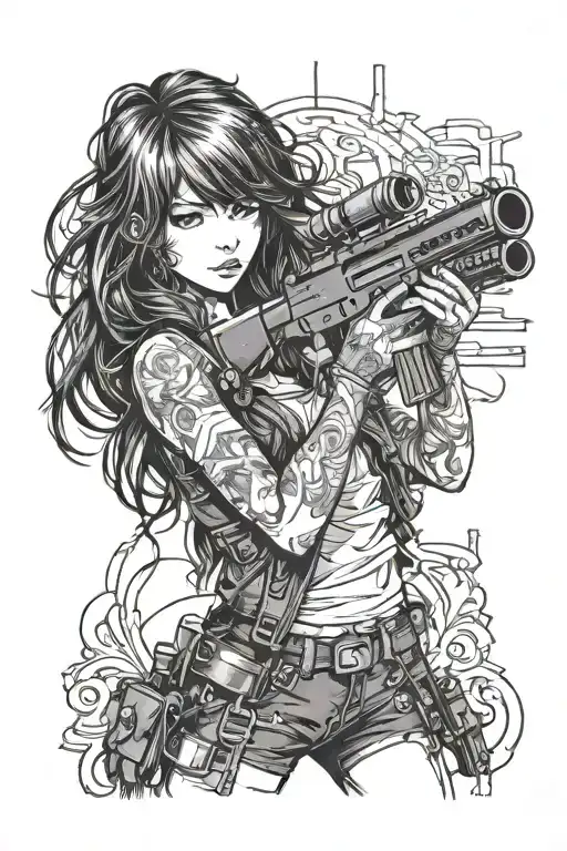Black Long Haired With Fringe Anime Girl Holding A Machine Gun
