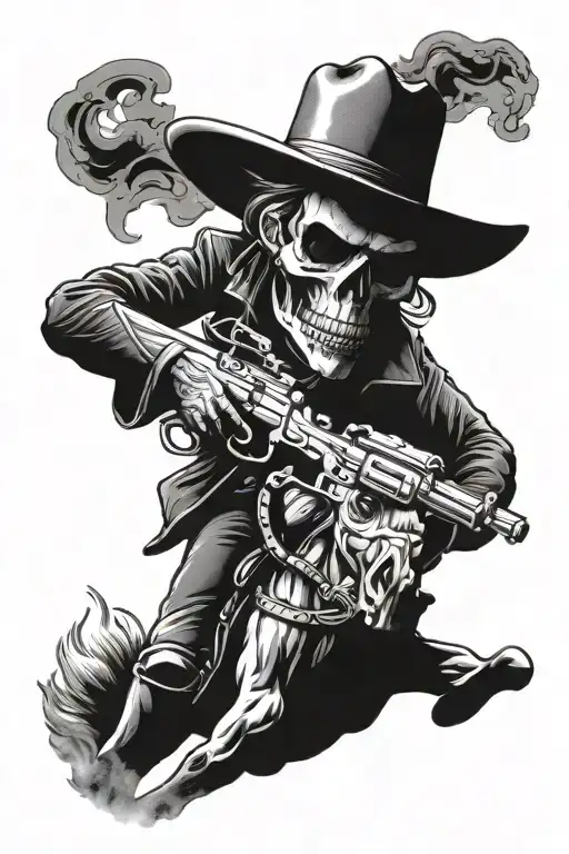 Skull Cowboy Riding A Horse With Gun Shooting
