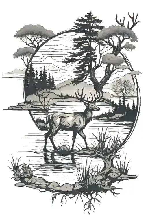 Faded Out Deer In Front Of A Lake