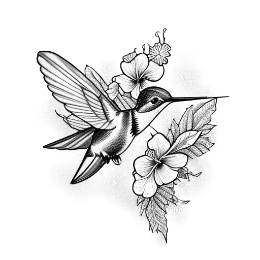 A Blackwork Tattoo Of A Hummingbird Drinking Nectar From A Hibiscus Flower Surrounded By Vines
