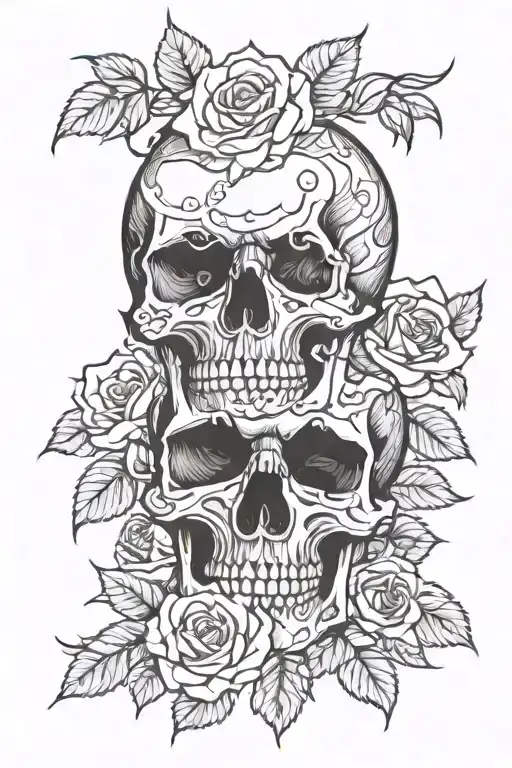 Skull And Roses Trad Tattoo Design