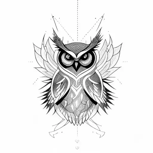 Create A Blackwork Tattoo Design Featuring An Preying Owl Intertwined With Marketing Symbol