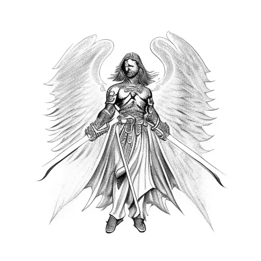 Warrior Male Angel With Fire For Wings And Sword