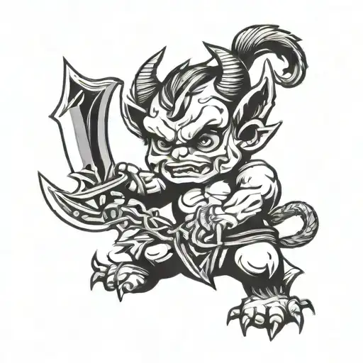 Baby Devil In Fighting Stance Holding Sword